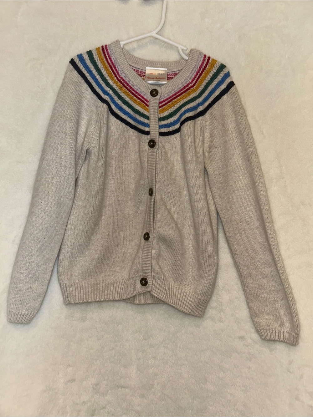Hanna Andersson Taupe Cardigan Sweater with Rainbow Yoke